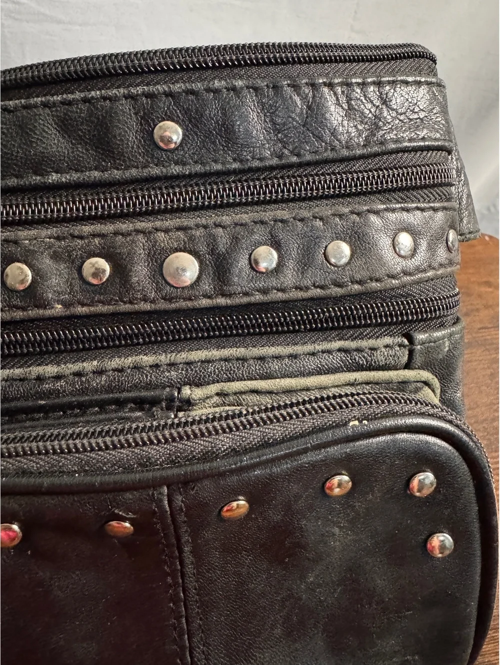 Vintage Y2K Black Faux Leather Studded Crossbody Shoulder Bag Multi Pocket